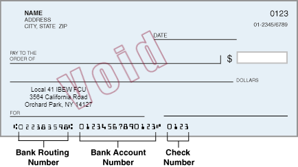 Image of blank check showing routing and account numbers